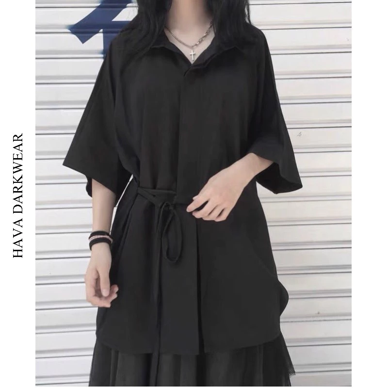 Áo sơ mi đen HAVADW tay lỡ chất mango chéo hàn mềm mát form suông rộng darkwear cá tính ASM16