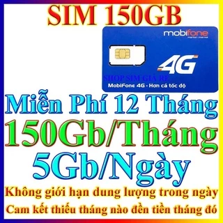 [ TRỌN GÓI 1 NĂM ] Sim Mobifone Data 4G 12MDT50 Tặng 5GB/Ngày 150GB/ Tháng Full Tốc Độ Cao Sài Tẹt Ga