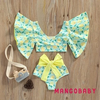 MG-Girl´s Two-Piece Bathing Suit, Lemon/Starfish/Stripe Baggy Sleeve Swim Tops + High Waist Bathing Shorts