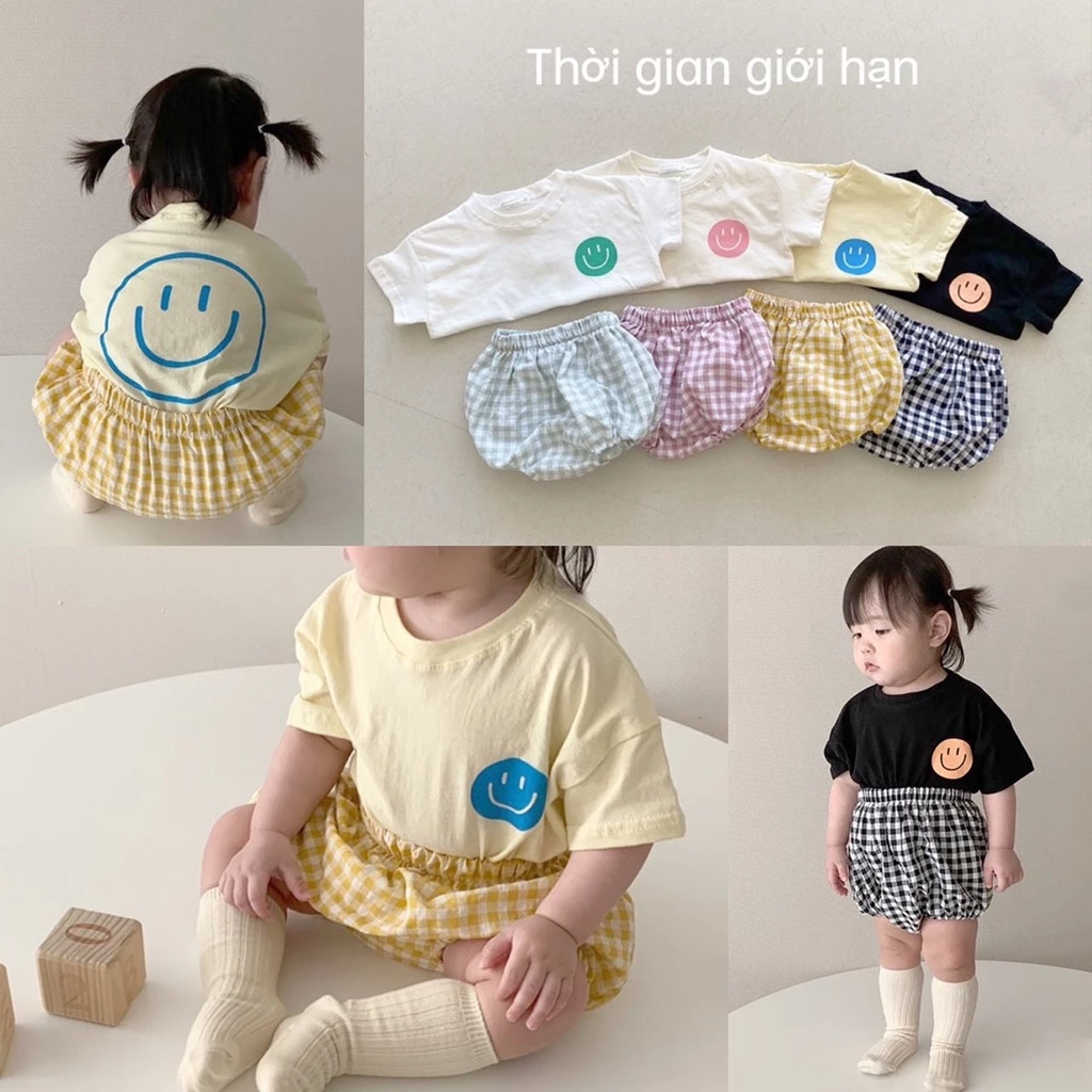 Set Áo Thun Cotton In Hình Mặt Cười + Quần Short Cho Bé Sơ Sinh