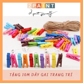 Túi 50 kẹp gỗ nhiều màu decor, Tặng 10m dây gai trang trí size 3.5mm Q9-4