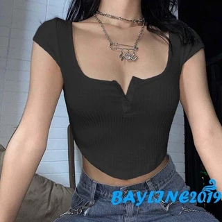 Áo thun croptop tay ngắn cổ vuông màu sắc thời trang quyến rũ cho nữ