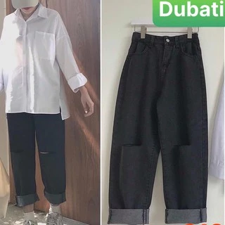 QUẦN BAGGY JEAN NỮ DÀI RỘNG LƯNG CAO NÂNG MÔNG CHẤT BÒ ĐEN RÁCH GỐI CAO CẤP - DB 313- DUBATI FASHION