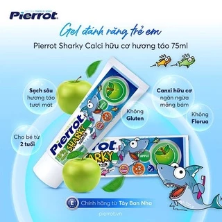 [Tặng 1 hộp tăm nhựa 160 chiếc] Gel đánh răng trẻ em Pierrot Sharky Calci hữu cơ hương táo 75ML