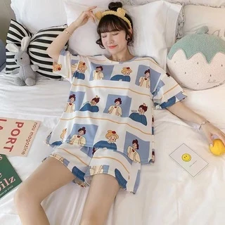 Set đồ bộ ngủ nữ mặc nhà ulzzang pijama hình nhiều mặt người DN149 (có ảnh thật)