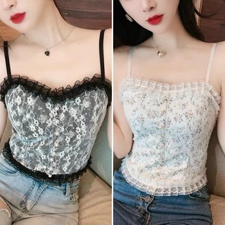 Áo Bra Ren Tiểu Thư Đính Ngọc Siêu Xinh - Áo Croptop Hai Dây Hai Màu Đen Trắng