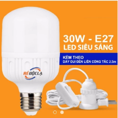 Bóng Đèn LED 30W + Đui Đèn Liền Dây Có Công Tắc Tiện Lợi 5m - Đèn Led 30W Tiết Kiệm Điện, Độ Sáng Cao Kèm Dây Đui Chui