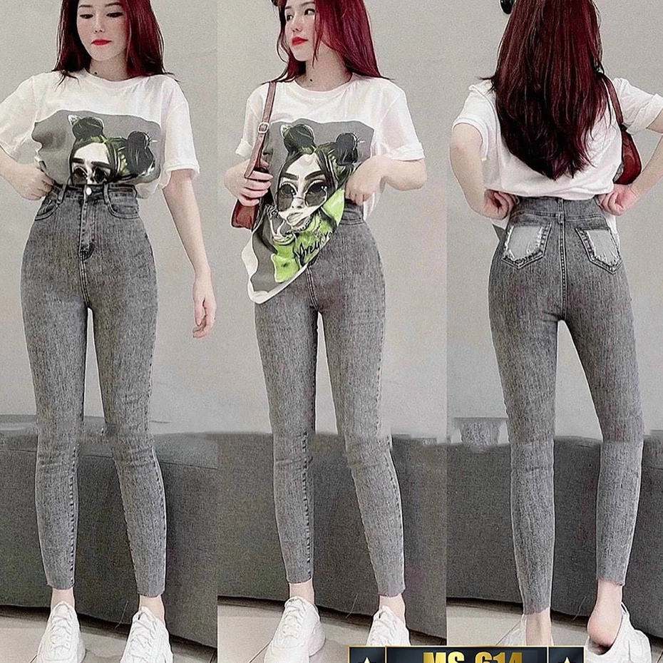 Quần jean nữ co giãn, quần bò lưng cao 9 tấc dáng ôm body cạp cao nhiều mẫu Bi_shop 173 ms614