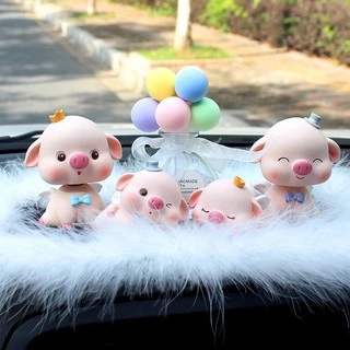 Set gia đình heo hồng siêu dễ thương dùng trang trí taplo ô tô bàn làm việc góc học tập phụ kiên ô tô Mộc Lan