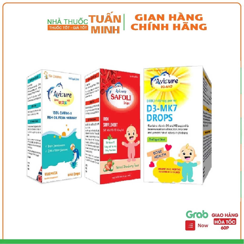 Bộ ba vi chất Avisure nhỏ giọt thiết yếu cho bé - Avisure DHA, sắt Safoli drop, vitamin D3-MK7 avisure