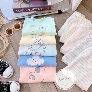 Bộ dài tay Unchi chui đầu cài vai chất nỉ cotton kẻ hình 2022