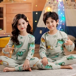 Bộ đồ ngủ tay dài chất liệu cotton phong cách Hàn Quốc thời trang mùa thu cho bé 3-14 tuổi