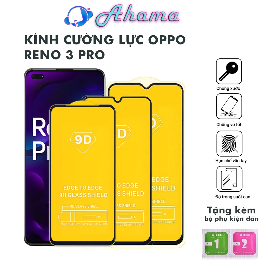 Kính cường lực Oppo Reno 3 Pro full màn trong suốt chống xước độ bền cao chống rơi vỡ có tặng kèm khăn lau màn hình