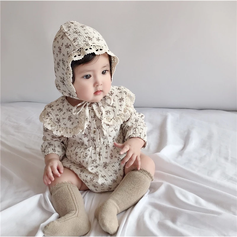 Bộ áo liền quần tay dài + mũ in họa tiết hoa thời trang mùa hè xinh xắn dành cho bé gái