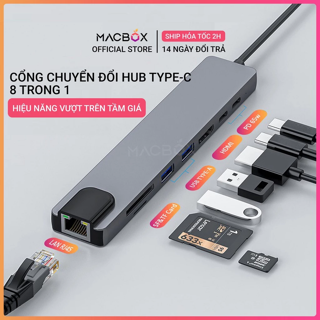 HUB Type C - Cổng chuyển đổi HUB USB Type-C - USB 3.0 to HDMI,USB 3.0,SD,TF,LAN,PD Type-C cho Laptop,điện thoại
