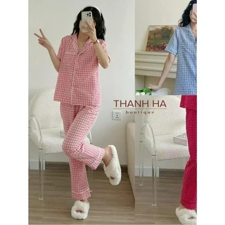 Bộ đồ mặc nhà Pyjama quần dài vải thô đũi mềm mịn mặc thoải mái cho mùa hè thu Thanh Hà Shop