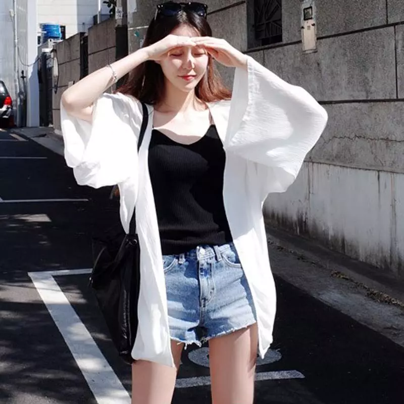 SUXI Áo khoác Cardigan trắng chống tia UV