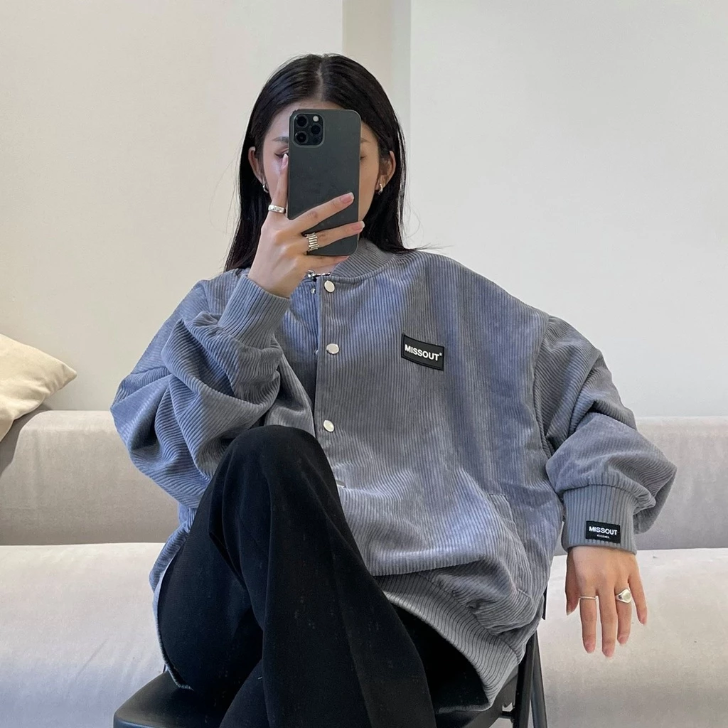 Áo Khoác Bomber Missout Xám - chất vải nhung gân dày dặn lót dù khoác ngoài thu đông - form rộng unisex nam nữ