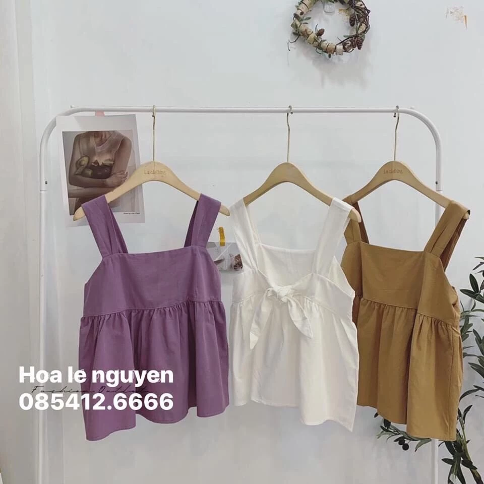 Áo babydoll hai dây bản to buộc nơ sau chất đũi lụa