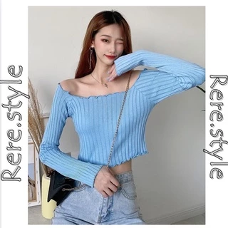 Áo croptop trễ vai tay dài thun gân mểm mại cuốn viền nhẹ nhàng G2-1 Rere.style, áo crt kiểu dài tay thun trơn