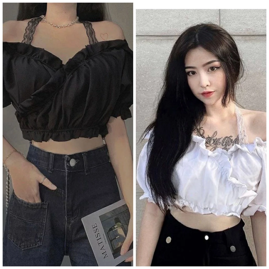 Áo Croptop nữ trễ vai tay ngắn dây ren yếm cho nàng cá tính DAGI2045