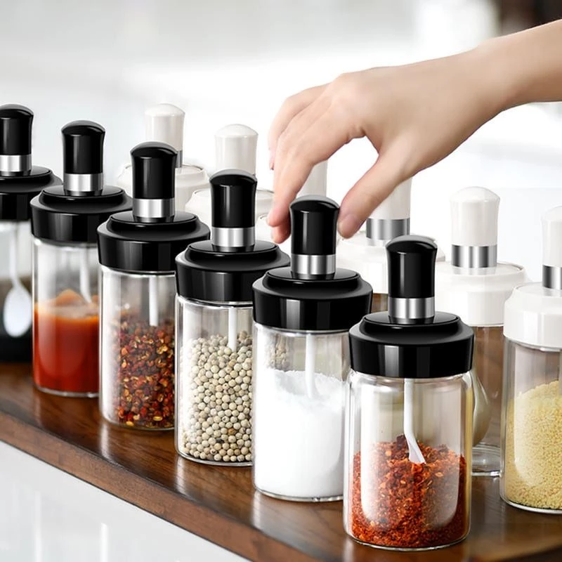 Combo 3 hũ đựng gia vị thuỷ tinh kèm muỗng, Lọ đựng gia vị có thìa nhựa cao cấp