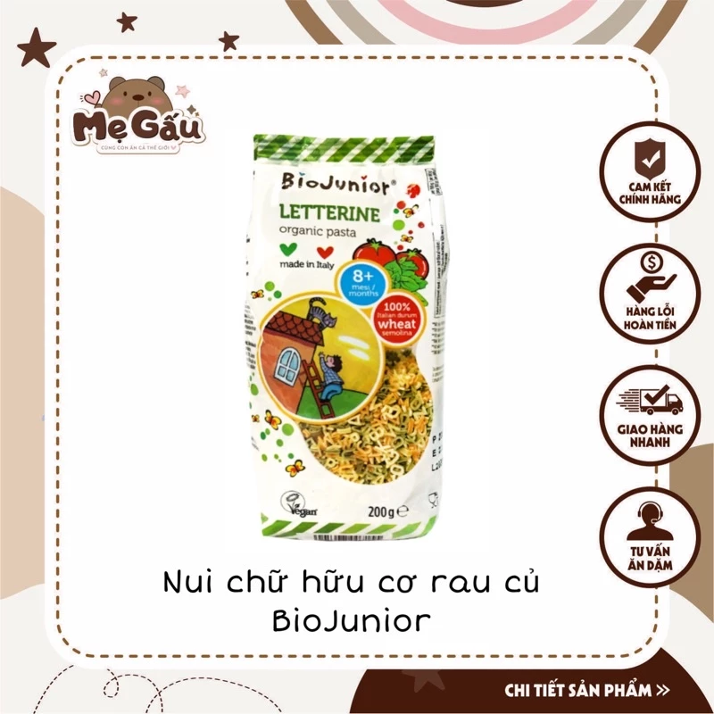 Mì nui ăn dặm hữu cơ cho bé hình chữ cái/ Bio Junior 200g (Từ 8 tháng tuổi)