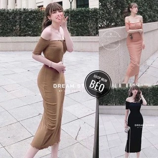 [MẪU MỚI] Đầm Body Trễ Vai Phom Dài Tay Ngắn Chất Thun Gân Thích Hợp Mặc Đi Tiệc Đi Làm Đi Chơi