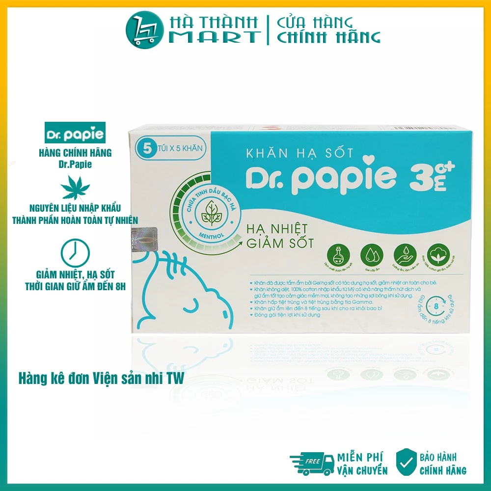 Khăn lau hạ sốt Dr Papie 3m |FREE SHIP| Khăn lau hạ sốt thảo dược an toàn, Hạ nhiệt độ nhanh - Hộp 25 tờ