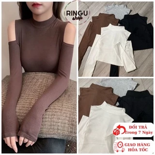 Áo croptop nữ hở vai tay dài 4 màu chất thun gân-ringu shop