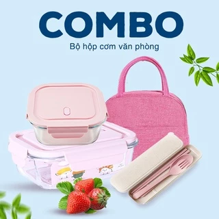 Combo văn phòng: Hộp thủy tinh 3 ngăn 1000ml / Hộp tròn 400ml / Túi đựng cơm Lunch Bag / Bộ đũa+thìa+dĩa