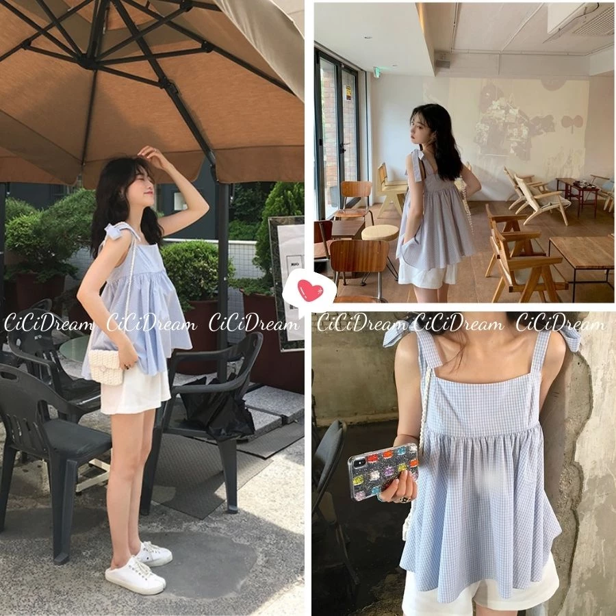 Set đồ nữ áo 2 dây kẻ xanh buộc nơ vai babydoll kèm quần đùi trắng, Set đồ nữ áo hai dây kẻ xanh nơ vai mix quần shorts