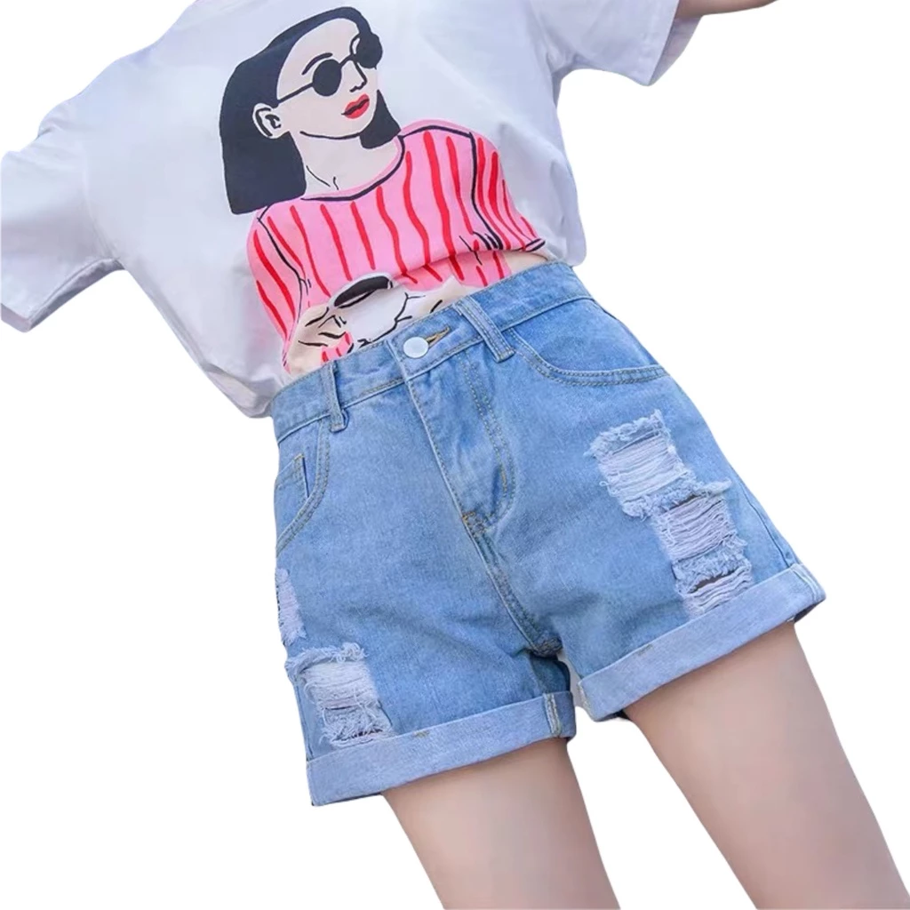 Quần short jean nữ BigSize lưng cao, co dãn mạnh, xăn lai, màu xanh nhạt rách kiểu 3868