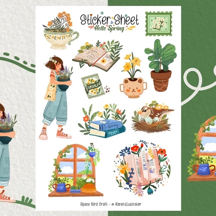 Sticker sheet hello spring - Sticker thiết kế | Bullet journal sticker