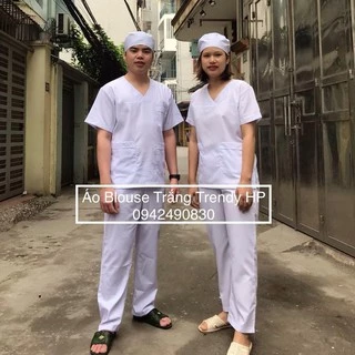 Bộ quần áo blouse trắng cổ tim Nam Nữ cộc tay - bộ blu cỗ chữ V chui cho bác sỹ, y tá, dược sỹ