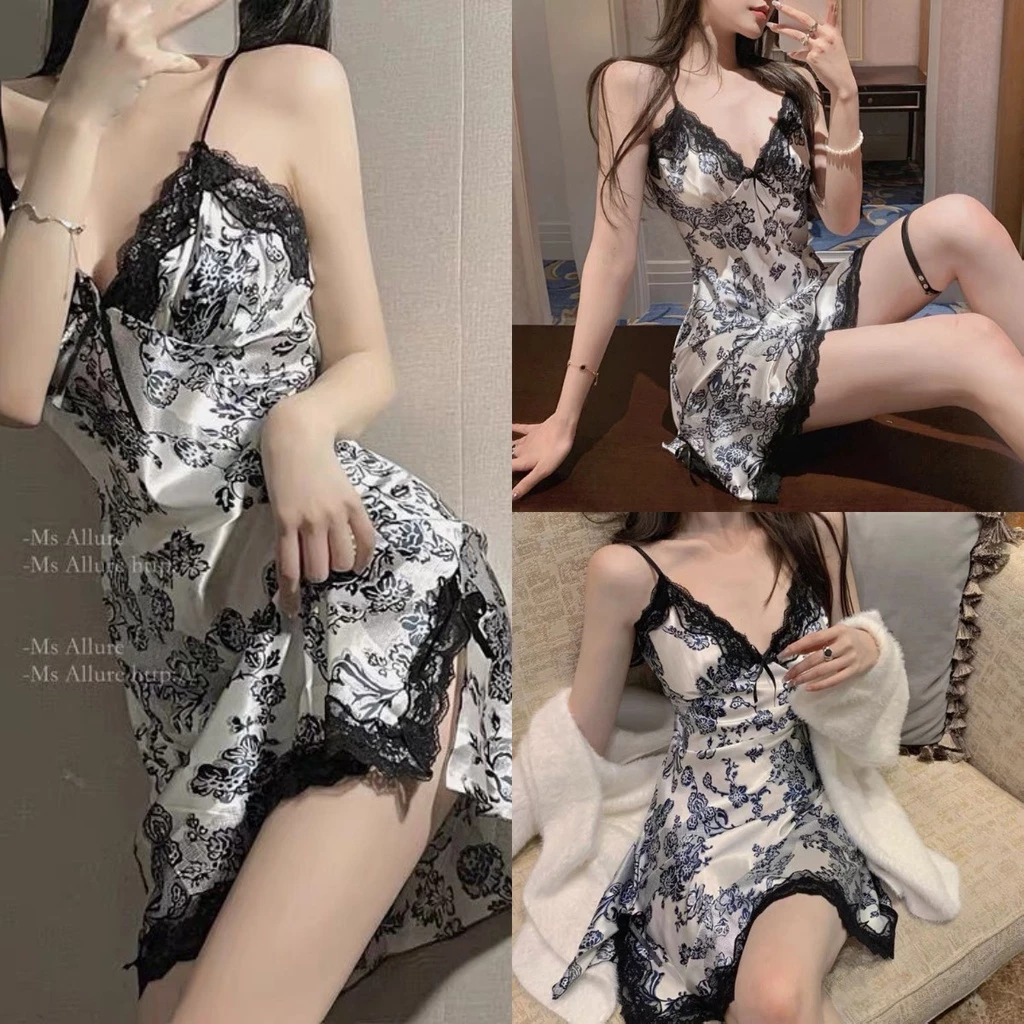【Spot】silk sling pajama nightgown big size home wear Silk Satin Sleepwear Loose Sexy Retro Style For Women