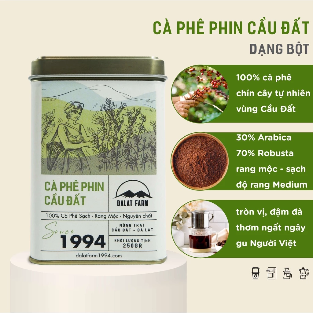 Cà Phê Phin Cầu Đất Dalat Farm - Hộp 250Gr (Dạng bột)