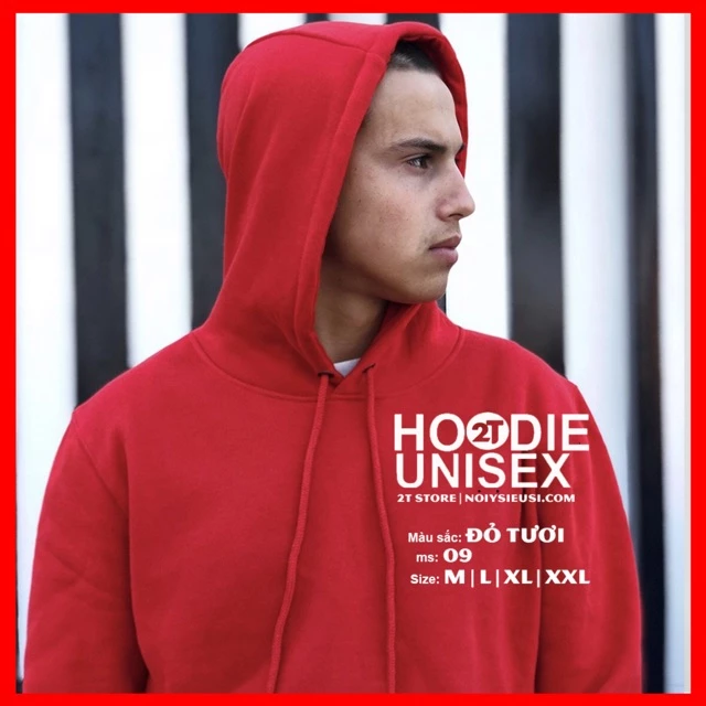 Áo hoodie unisex 2T Store H09 màu đỏ tươi - Áo khoác nỉ chui đầu nón 2 lớp dày dặn đẹp chất lượng