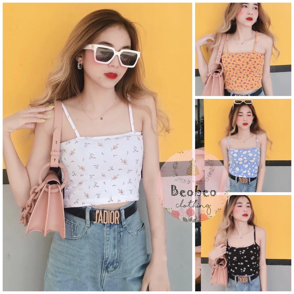 [Ảnh thật] Áo thun 2 dây croptop in hoa 4 màu ulzzang