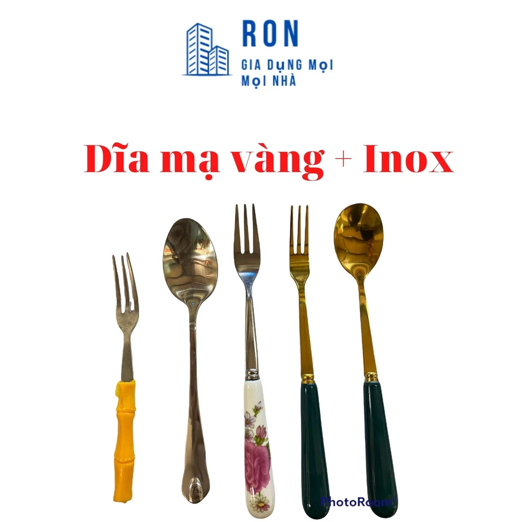 Thìa Dĩa Inox Mạ Vàng Cán Sứ Xanh Cán Sứ Hoa Cao Cấp Sang Trọng
