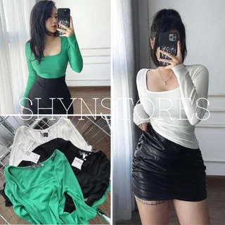 Áo thun tăm cổ vuông dài tay form ôm dáng croptop