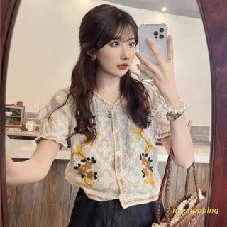 Áo Croptop Tay Ngắn Dáng Rộng Thêu Họa Tiết Hoa Phong Cách Retro Pháp Thời Trang Cho Nữ