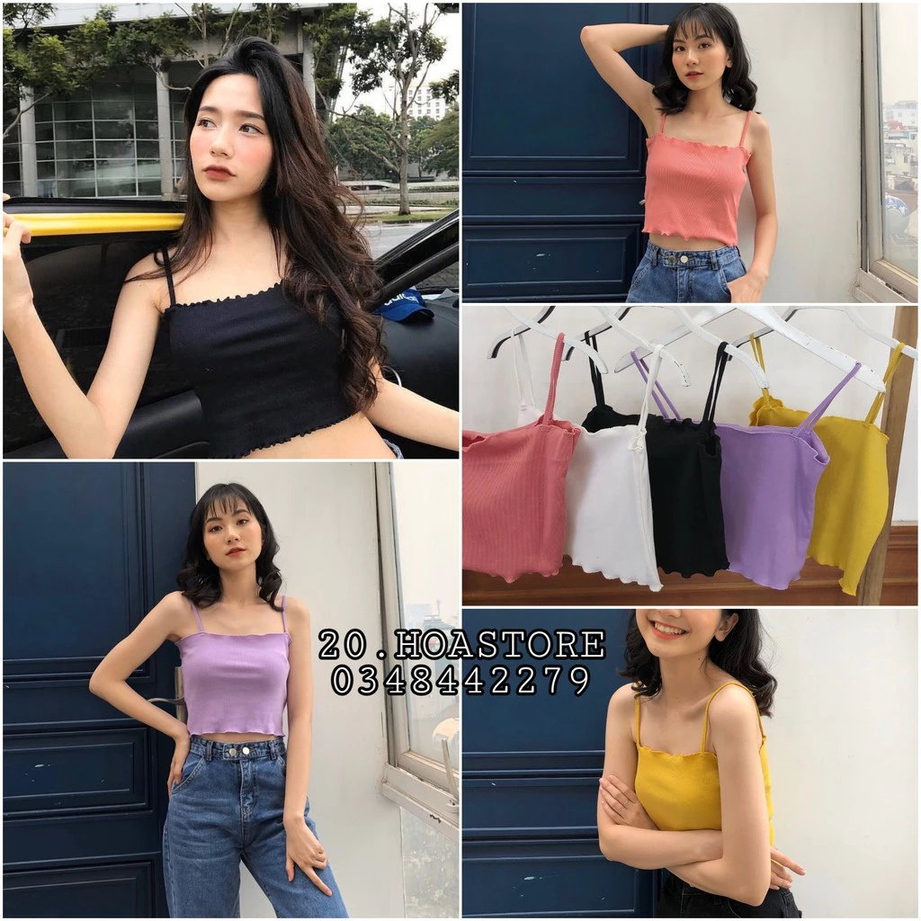 ÁO 2 DÂY LEN TĂM VIỀN BÈO VÀNG TÍM HỒNG ĐEN TRẮNG - CROPTOP CUỐN BIÊN ULZZANG