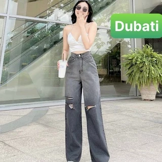 QUẦN JEANS CHẤT BÒ, ỐNG SUÔNG RỘNG RÁCH LOANG 2 MÀU ĐEN CẠP CAO DÀI CHÂN SIÊU TÔN DANGSANG CHẢNH - DUBATI FASHION