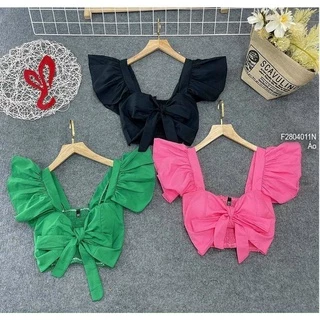 Áo kiểu croptop tay cánh tiên có mút ngực cột nơ lưng nhún cực hot . chất kate mềm mát alohashop91