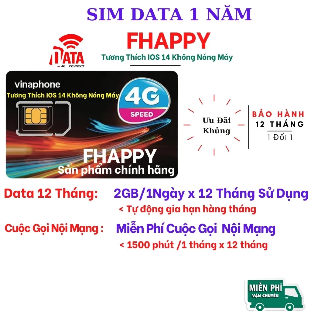 Sim 4G FHappy 12 Tháng ( Miễn phí data , miễn phí gọi nội mạng ) sử dụng 1 năm , bảo hành , có video kiểm tra tốc độ