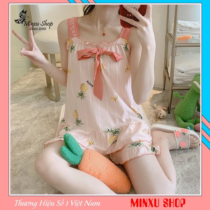 Bộ ngủ bộ mặc nhà 2 dây cổ vuông, có thắt nơ dễ tương cho bạn nữ (Mã YN)