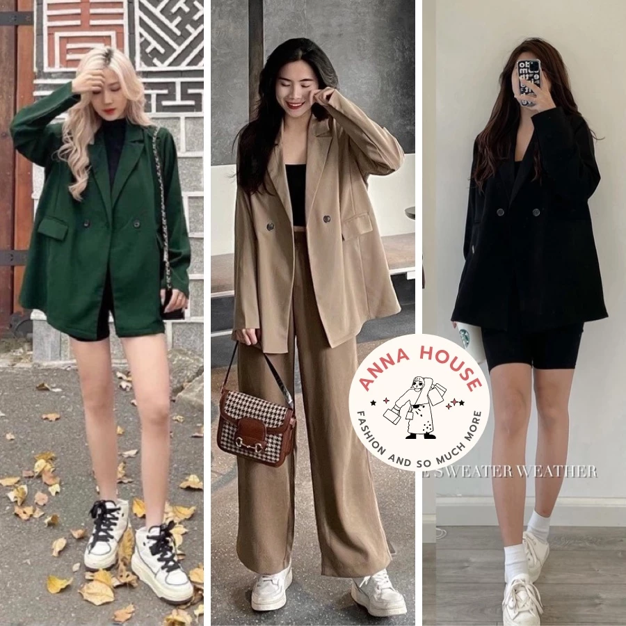 Áo blazer nữ tay dài 1 lớp oversize màu xanh đen be, Áo khoác blazer nữ dáng rộng dài tay phong cách Hàn Quốc xanh lá