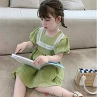 Đầm xinh bé gái - Váy Babydoll phối ren ngực vải đũi xốp 2 màu xanh, hồng cho bé 8-18kg