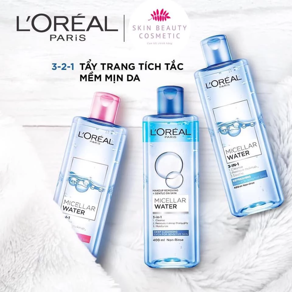 Nước tẩy trang L'Oreal Paris 3-in-1 Loreal Micellar Water 400ml Làm Sạch Sâu, Dịu Nhẹ, Dưỡng Ẩm Cho Mọi Loại Da